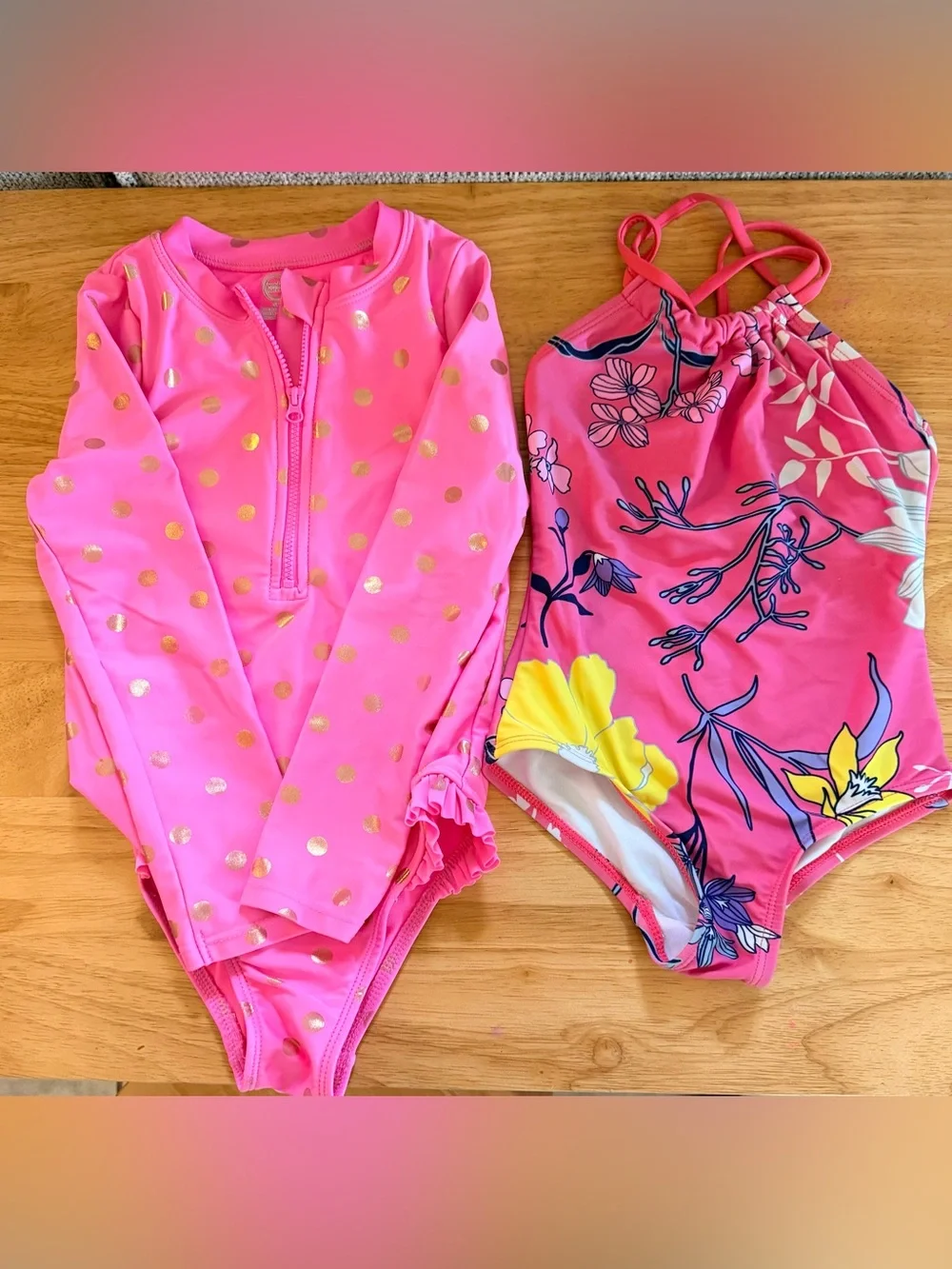 Girls' Pink Floral & Polka Dot Swim Set - Long Sleeve Rash Guard & One-Piece